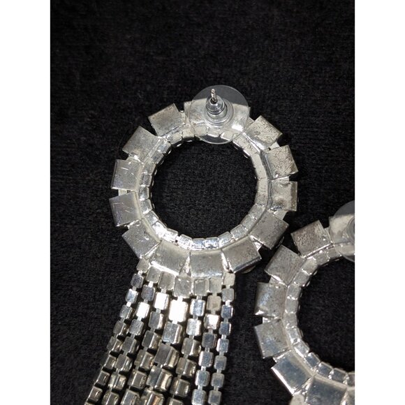 Retro Clear Rhinestone Large Circle Fringe Tassel  Long Statement Earrings Runwa - Picture 8 of 9